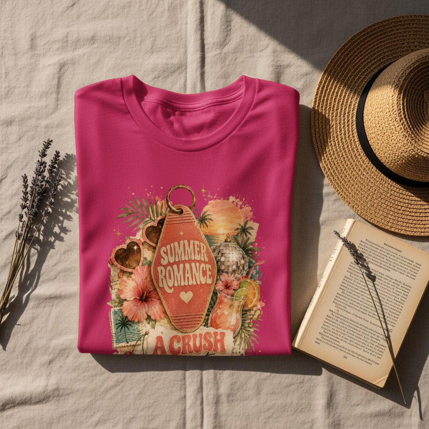Magenta t-shirt with a "Summer Romance A Crush" graphic featuring retro elements.