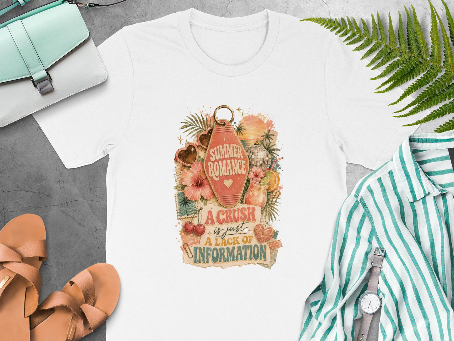 White t-shirt with "Summer Romance" and "A crush is just a lack of information" graphic.