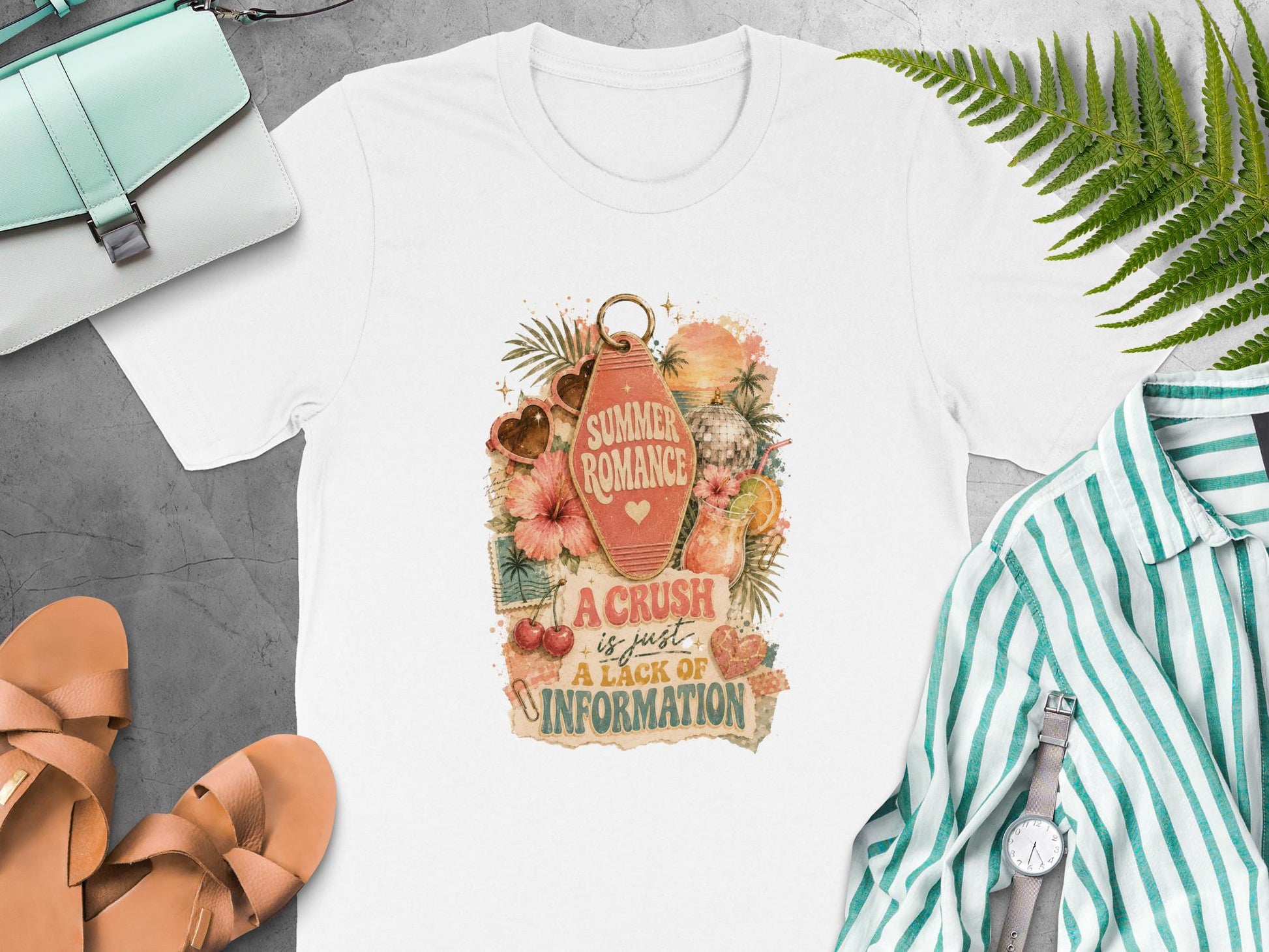 White t-shirt with "Summer Romance" and "A crush is just a lack of information" graphic.