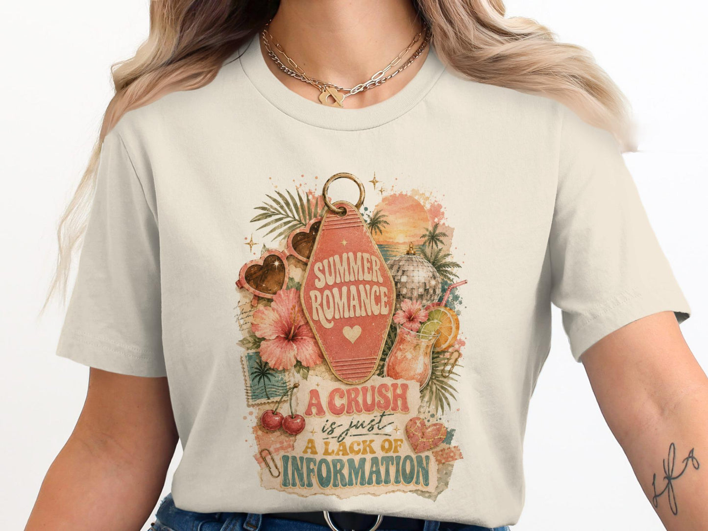 T-shirt graphic with retro summer vacation theme and text.