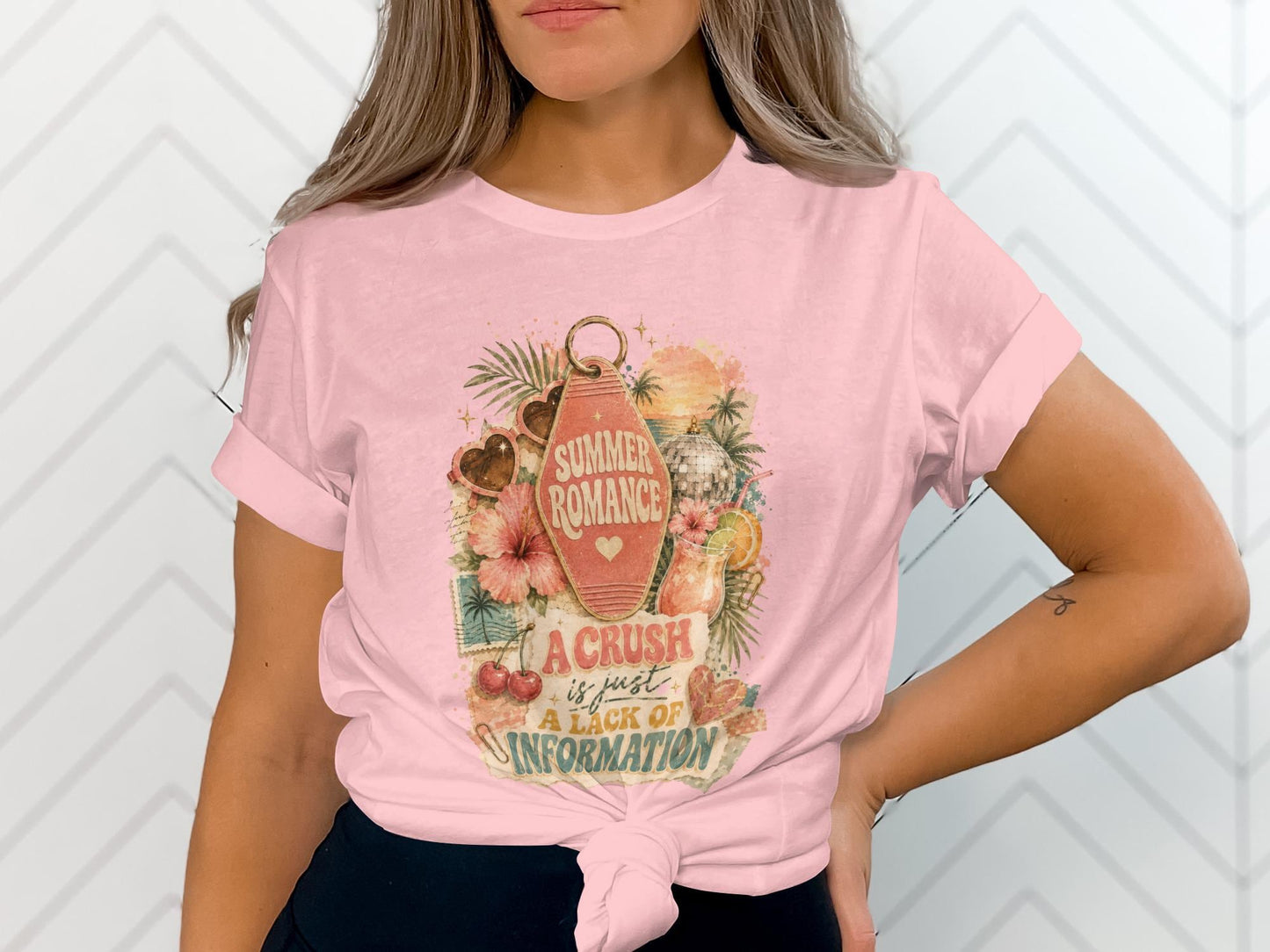 Pink t-shirt graphic with "Summer Romance" and "A crush is just a lack of information" text.