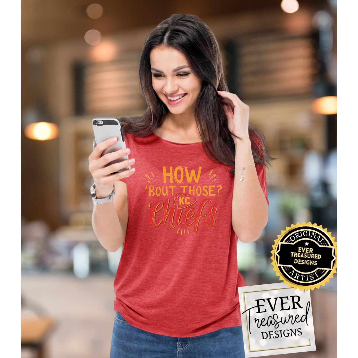 Red t-shirt with "How 'bout those? KC Chiefs" graphic and logo badge.