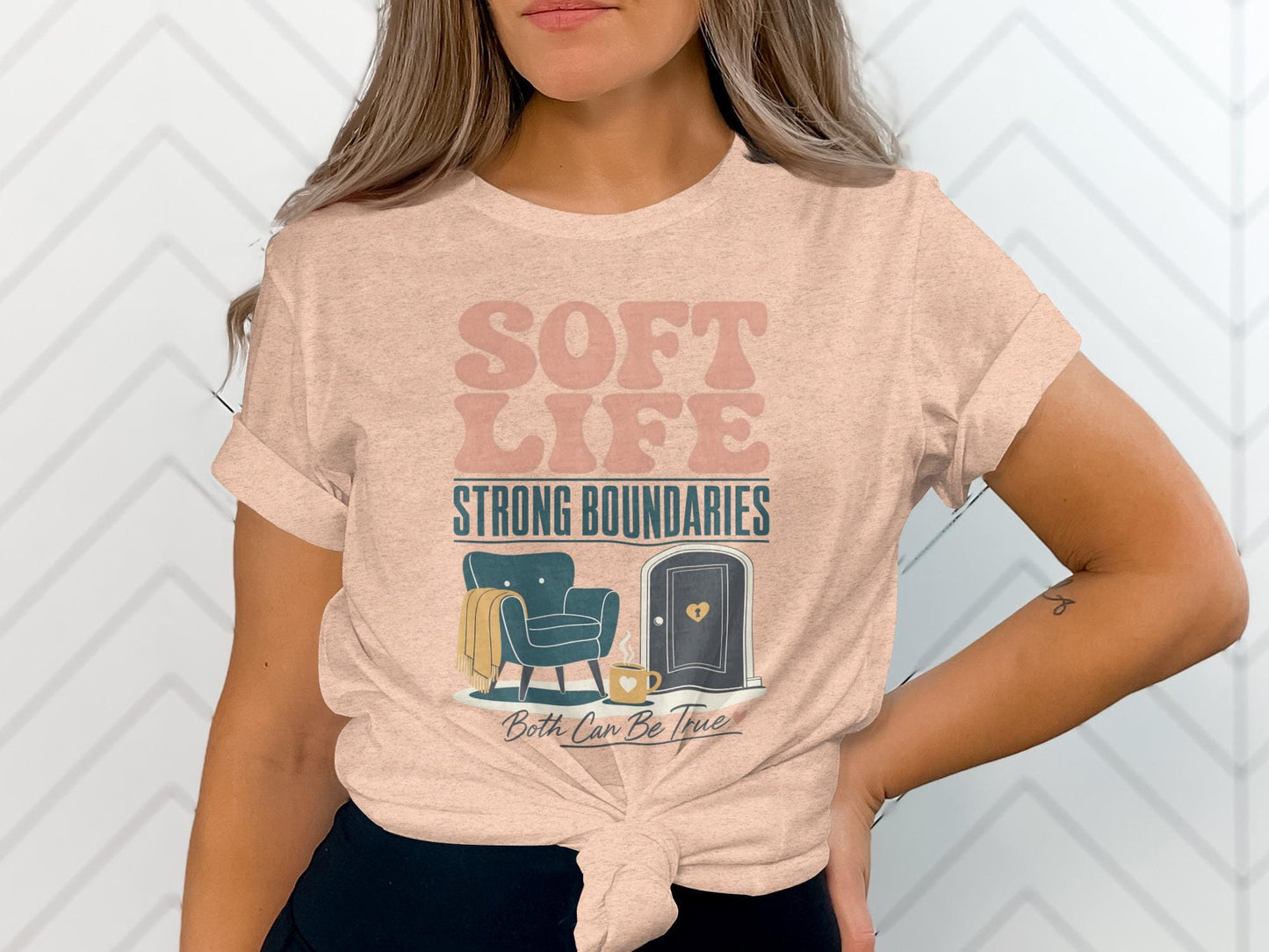 Soft Life Strong Boundaries shirt with armchair, door, and mug.