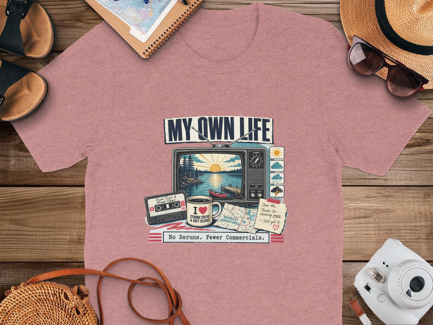 T-shirt with "My Own Life" text, retro TV, cassette, and mug graphic.