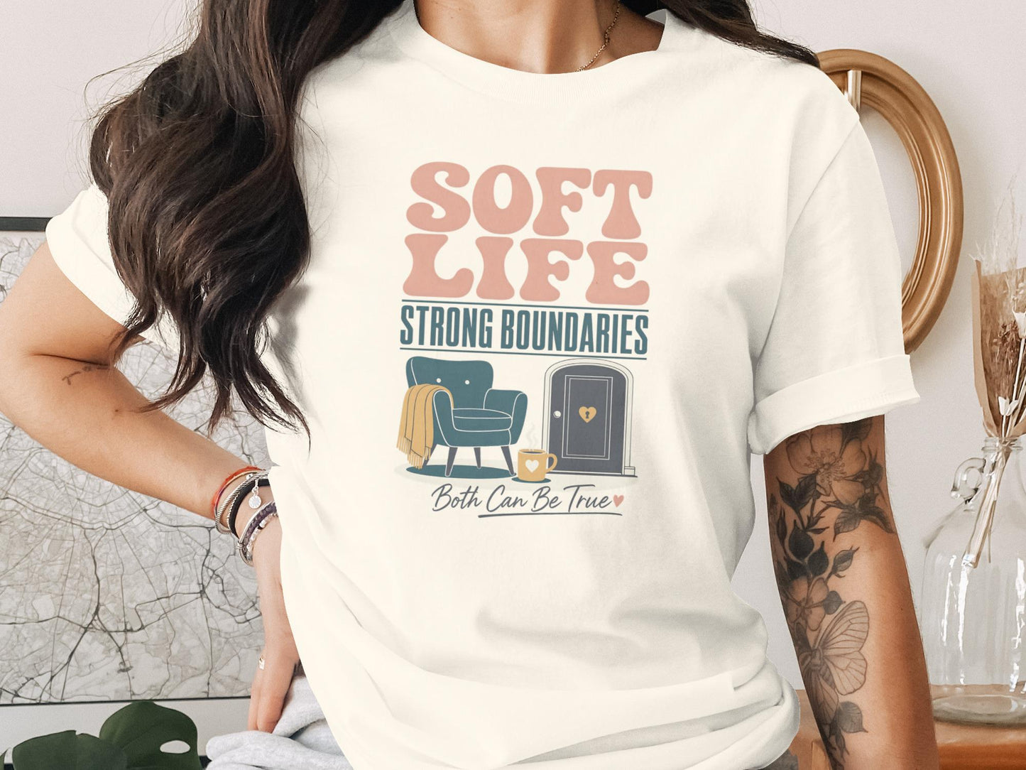 Cream t-shirt with "Soft Life Strong Boundaries Both Can Be True" text and graphic.
