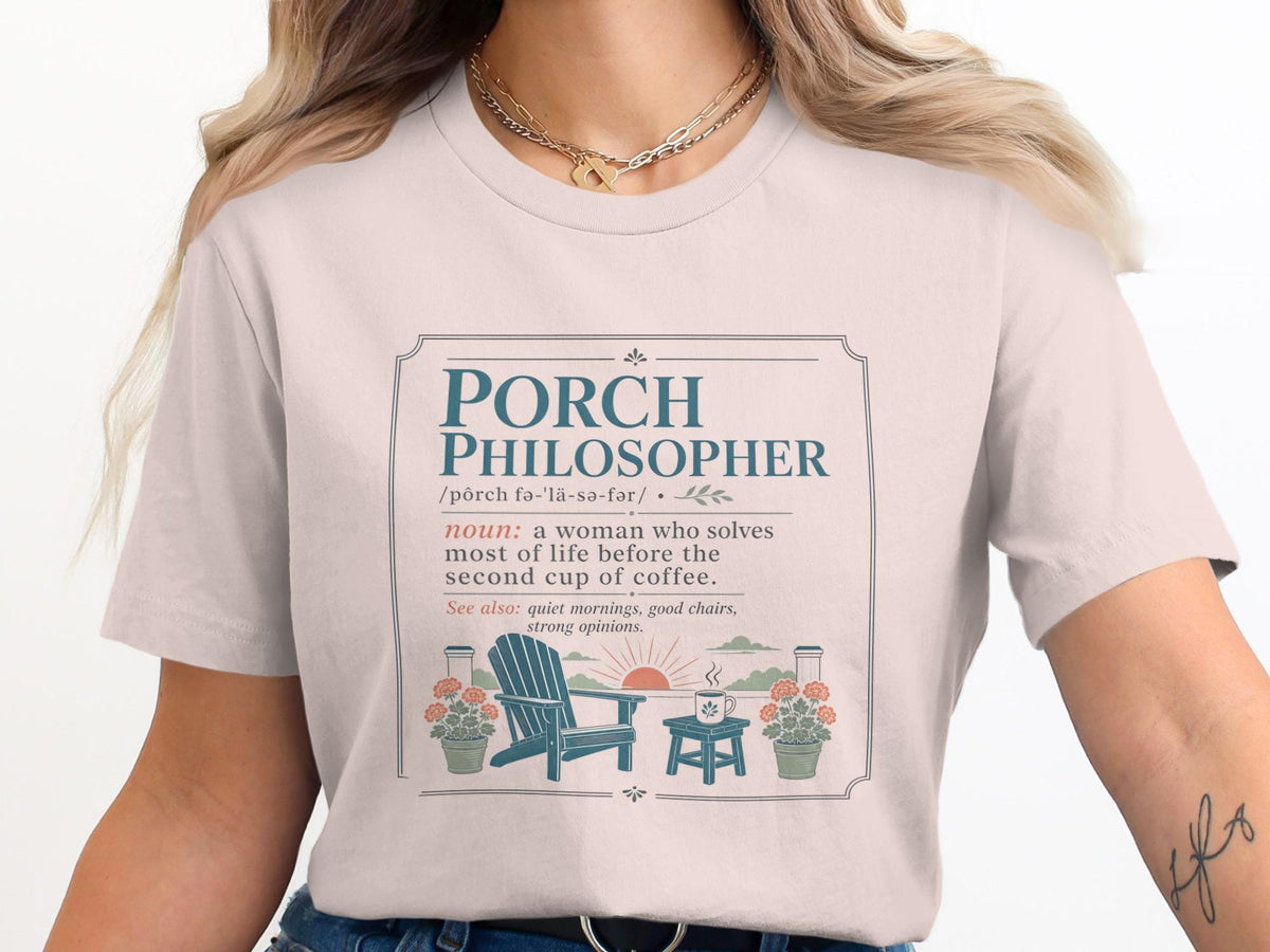 "Porch Philosopher" definition with Adirondack chair, coffee cup, and potted flowers illustration.