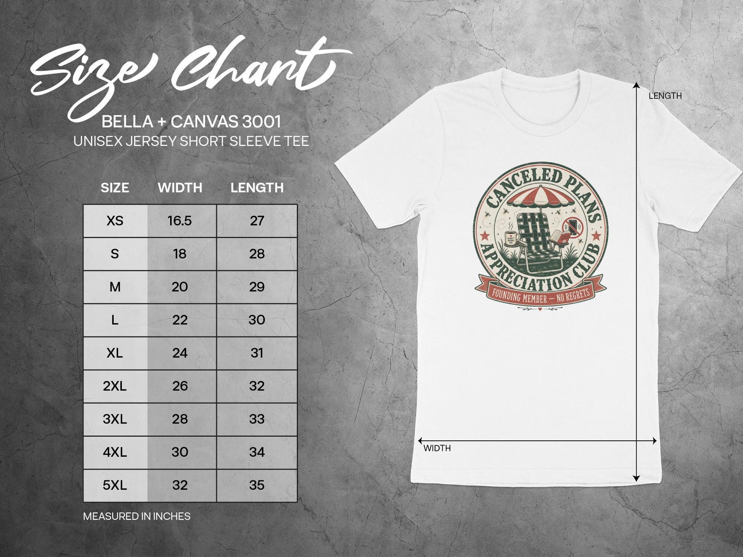 Bella + Canvas 3001 size chart for unisex short sleeve tee, with width and length measurements.