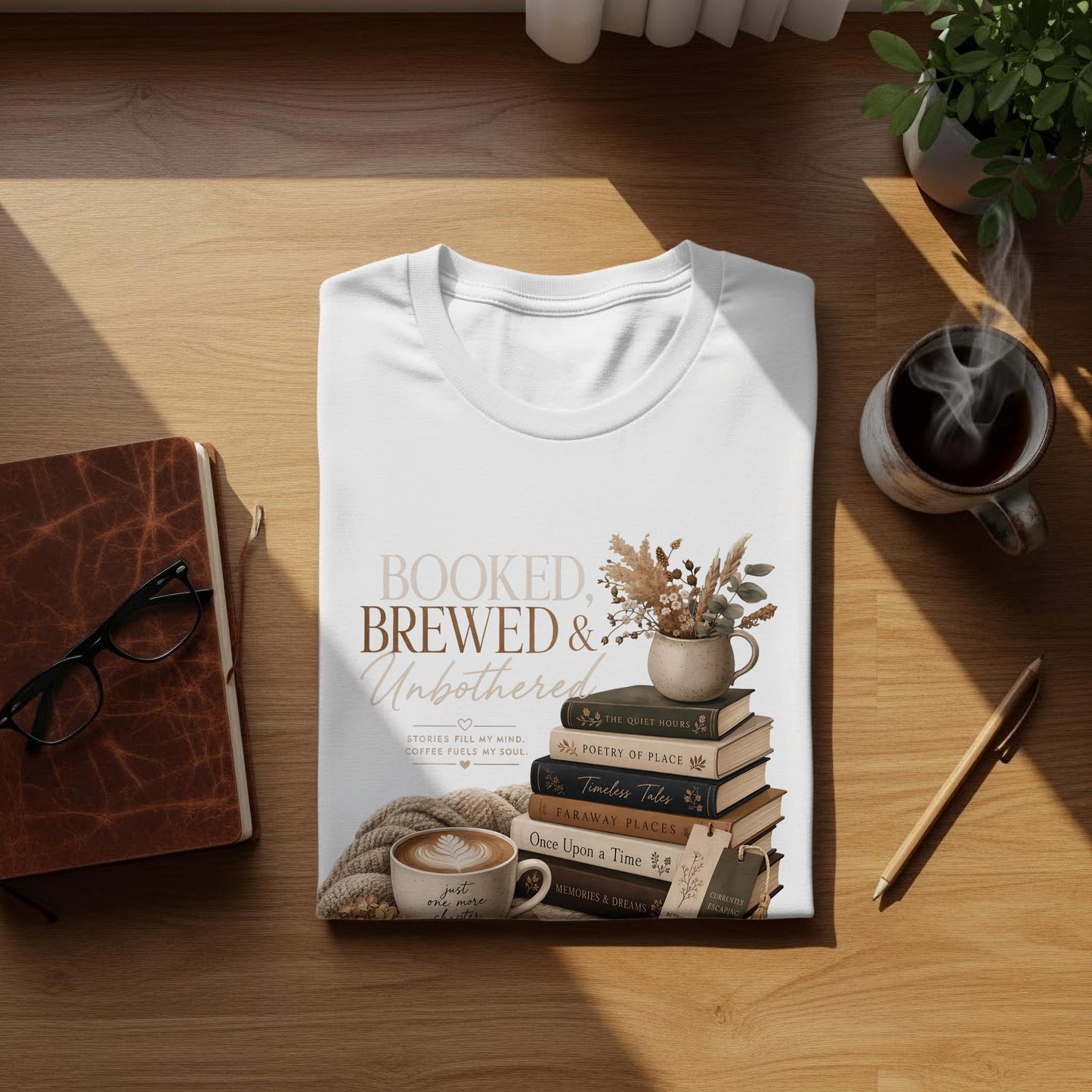 White t-shirt with "Booked, Brewed & Unbothered" text and book stack.