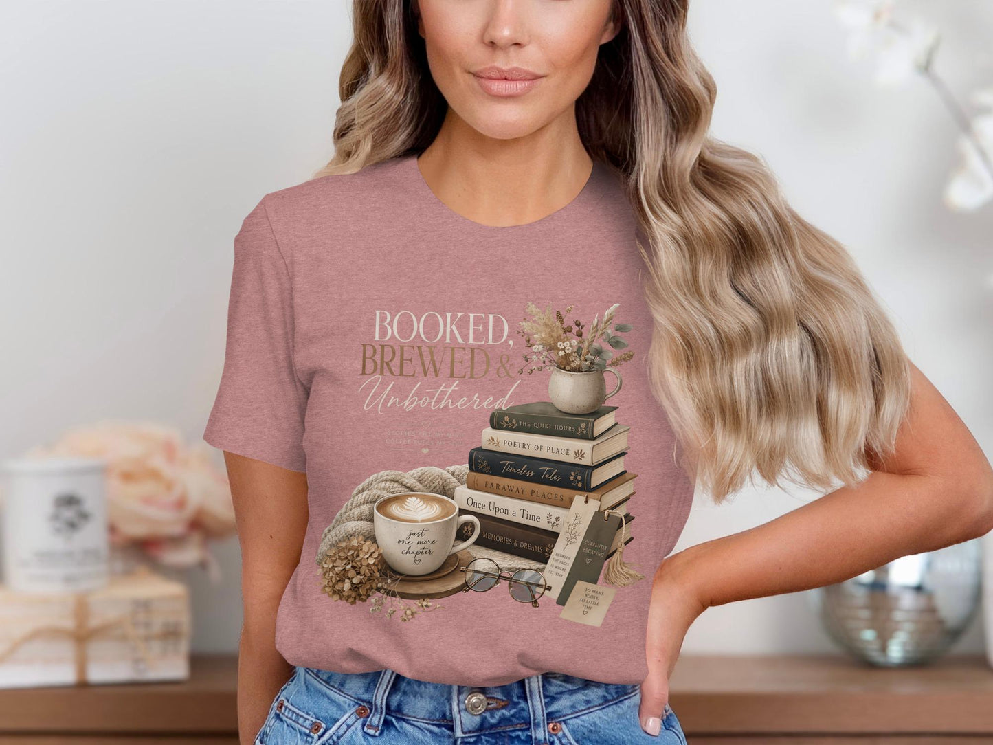 Booked, Brewed & Unbothered text with coffee, books, and glasses.