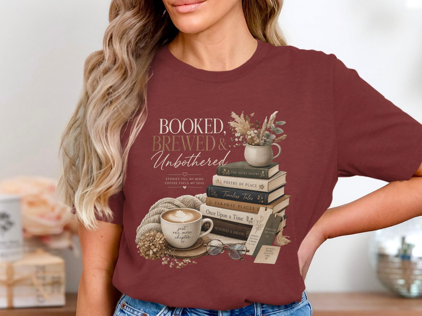Booked, Brewed & Unbothered text with stacked books and coffee mug.