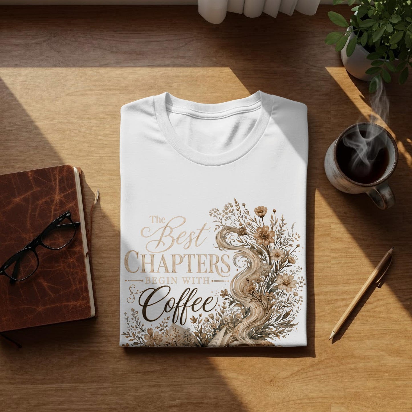 White t-shirt with design "The Best Chapters Begin With Coffee" and floral accents.