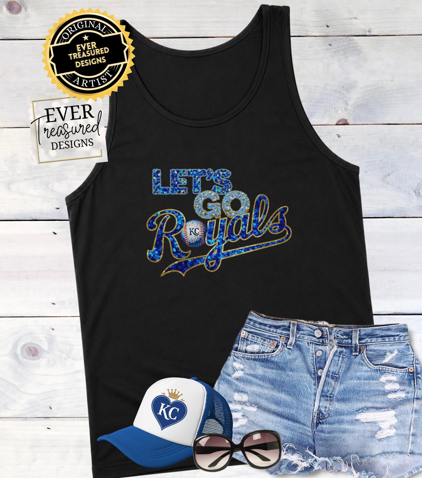 Black tank top with "Let's Go Royals" and KC baseball graphic.