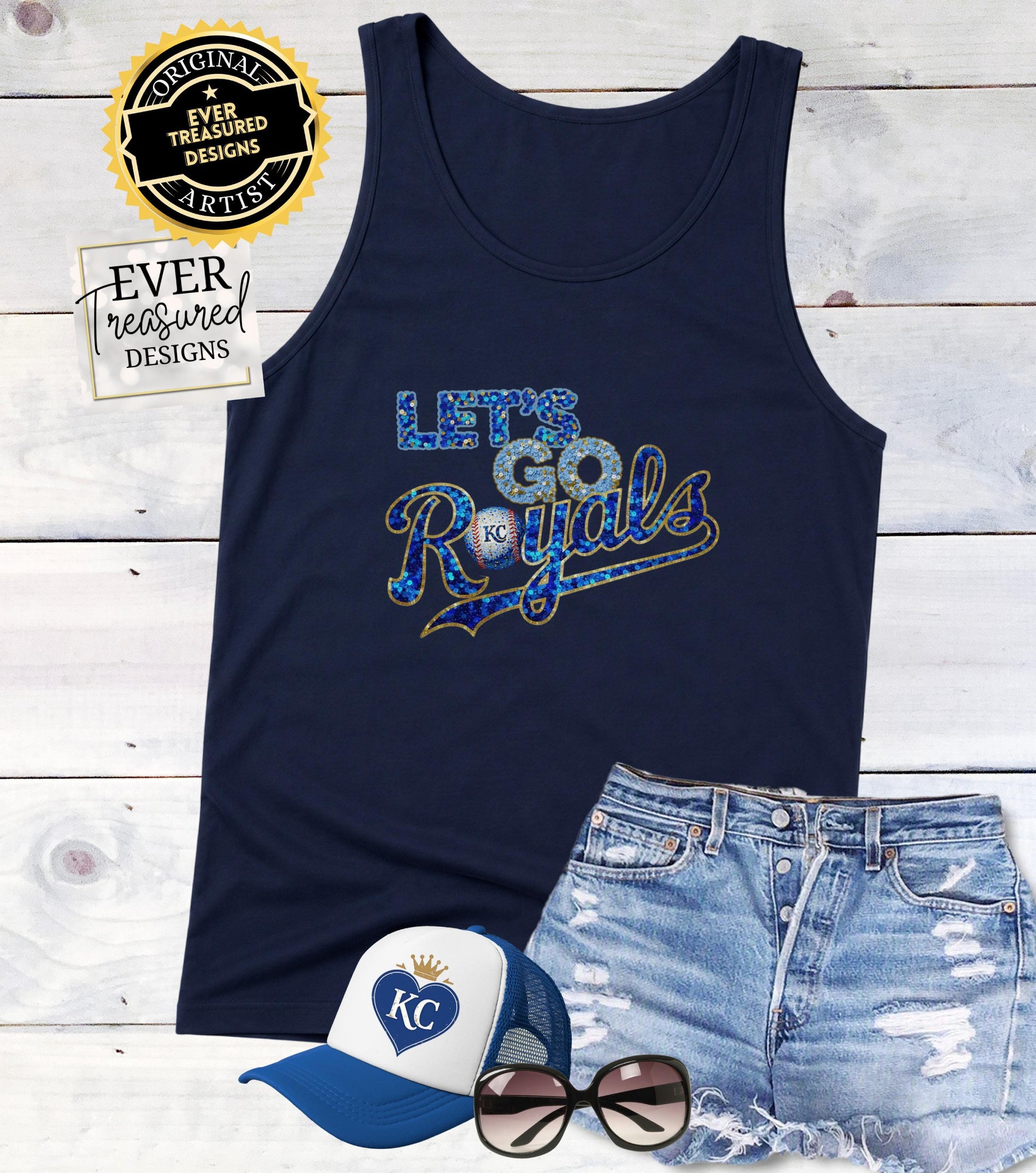 Navy tank top with "Let's Go Royals" in glittery blue text and a baseball.
