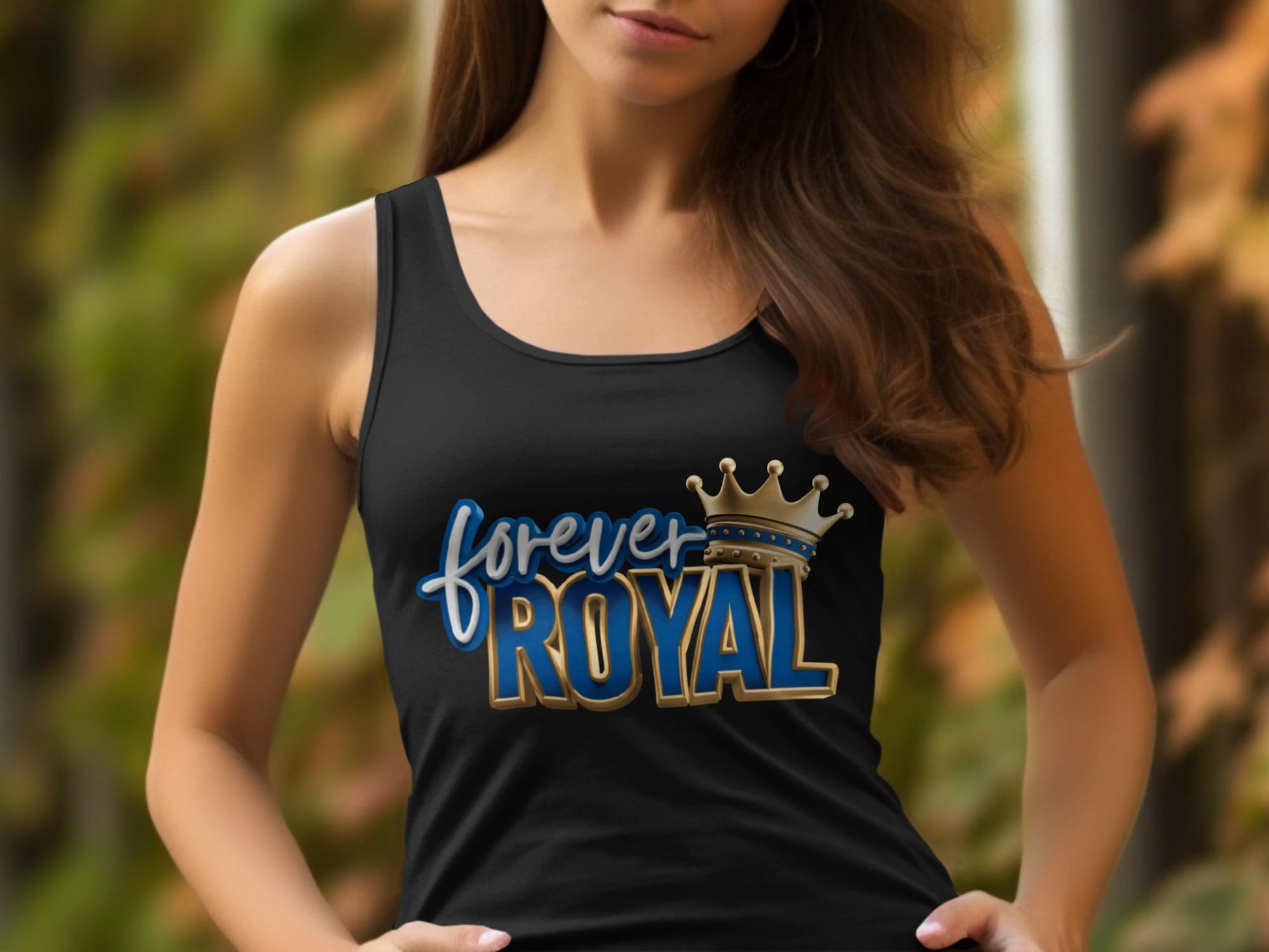 Black tank top with "forever ROYAL" text and a gold crown design.