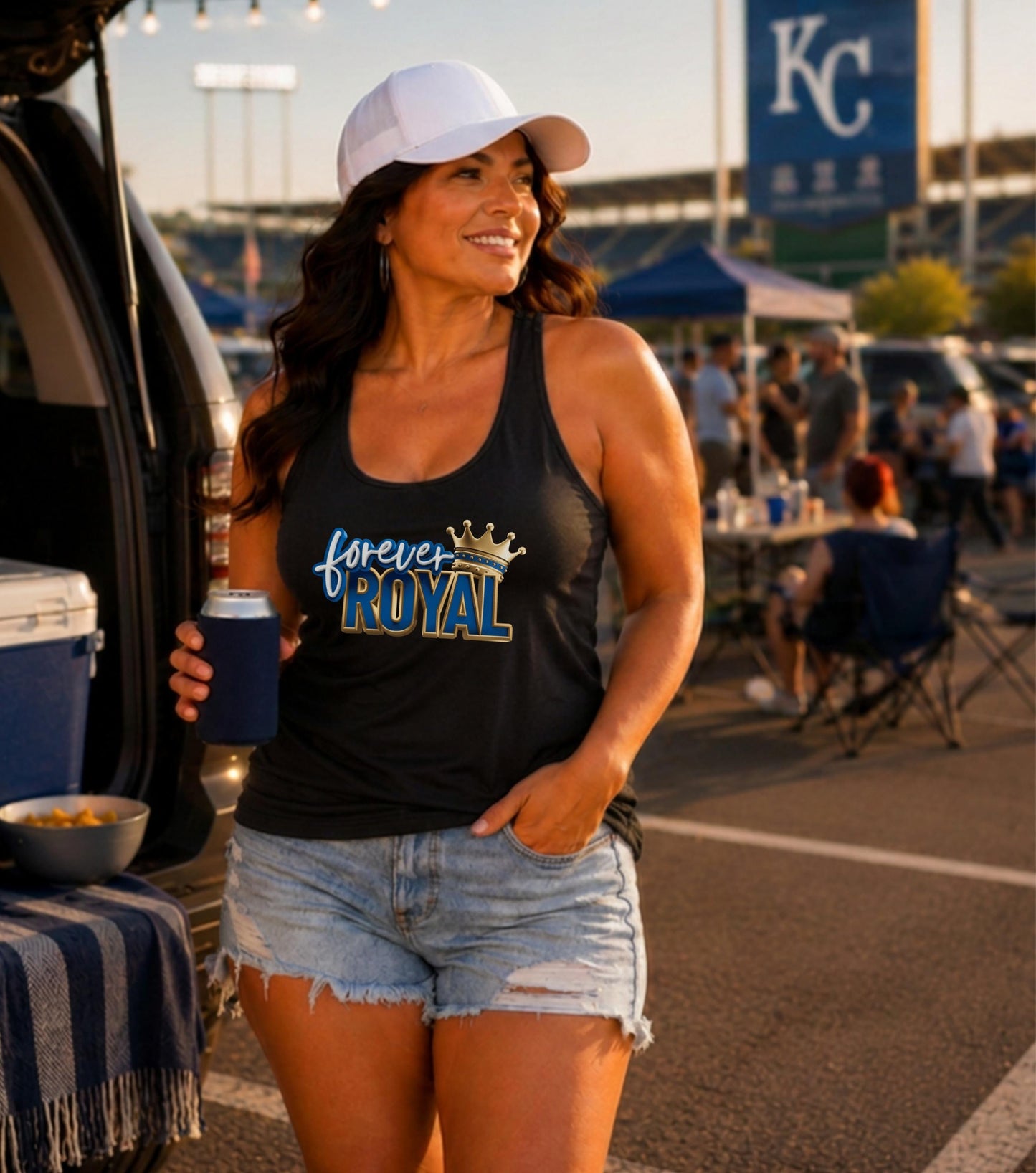 Woman wearing a black tank top with "forever ROYAL" and crown graphic, holding a drink.