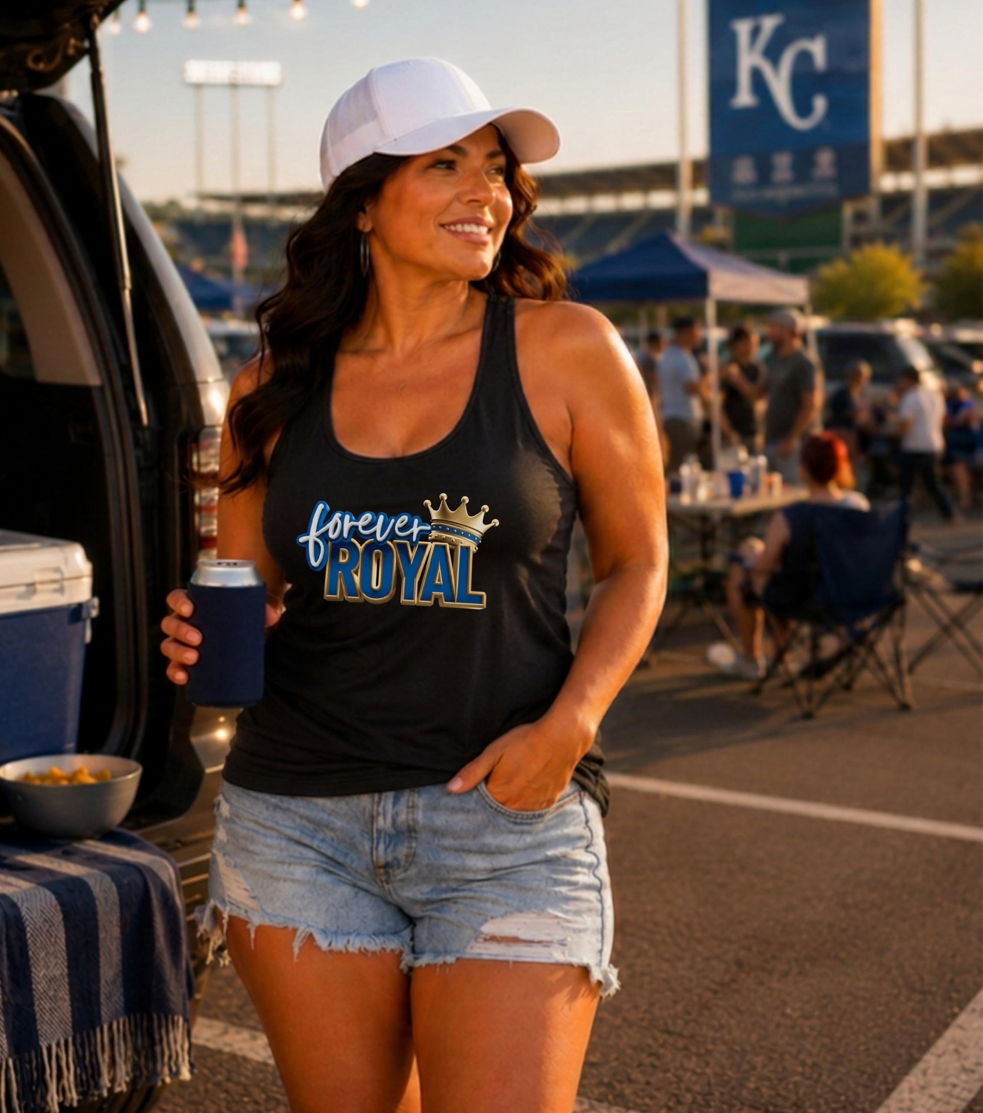 Woman wearing a black tank top with "forever ROYAL" and crown graphic, holding a drink.