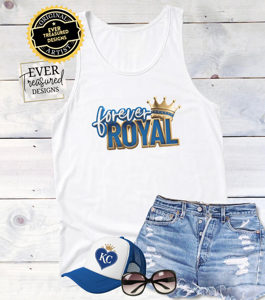 White tank top with "forever ROYAL" graphic, denim shorts, and KC heart trucker hat.