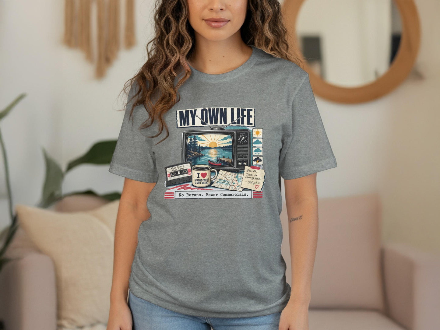 My Own Life text above vintage TV with lake scene, cassette, coffee, map, and a note.