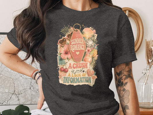 Dark t-shirt with "Summer Romance" and "A crush is just a lack of information" graphic.