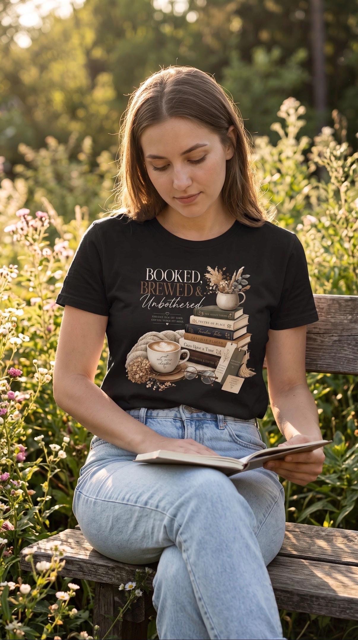 Booked Brewed & Unbothered T-Shirt, Book Lover Coffee Aesthetic Tee, Cozy Reading Gift for Bookworm, Literary Gifts for Her
