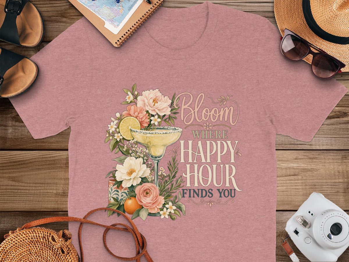 T-shirt with "Bloom Where Happy Hour Finds You" text and floral margarita design.