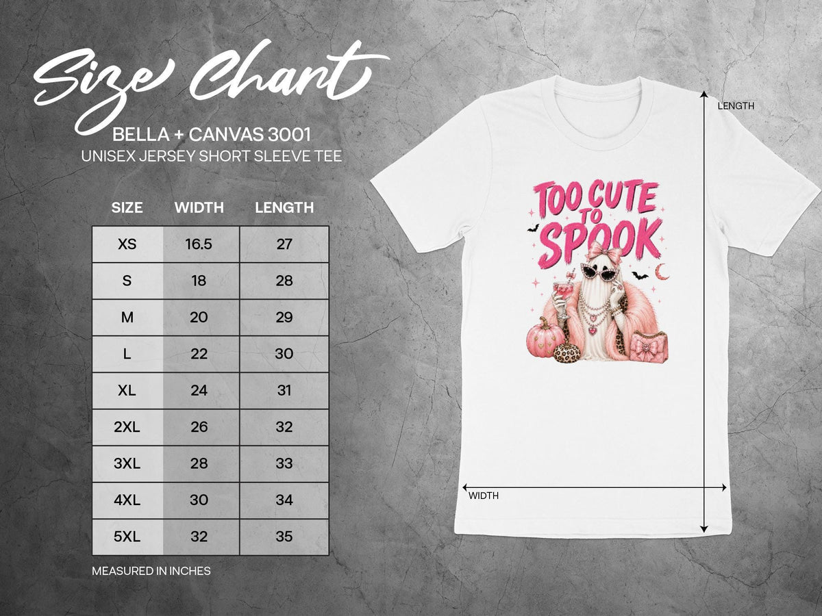 Size chart for BELLA + CANVAS 3001 unisex short sleeve tee.