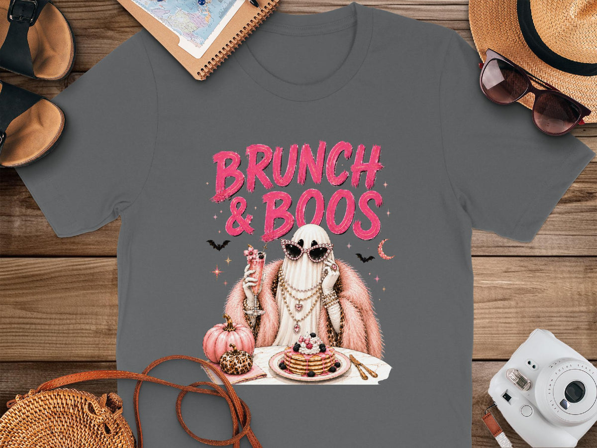 Ghost in sunglasses and pink fur coat with "Brunch & Boos" text.
