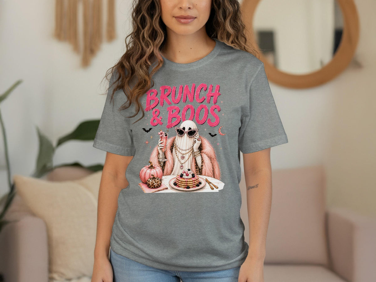 Grey t-shirt with "Brunch & Boos" text, a ghost holding a drink, and pancakes.