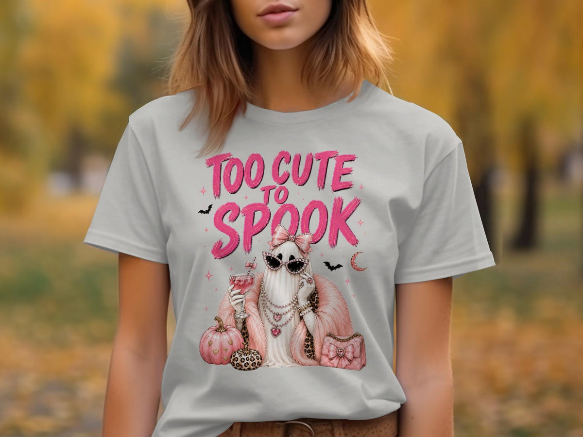 Gray t-shirt with "Too Cute to Spook" and a fashionable ghost.