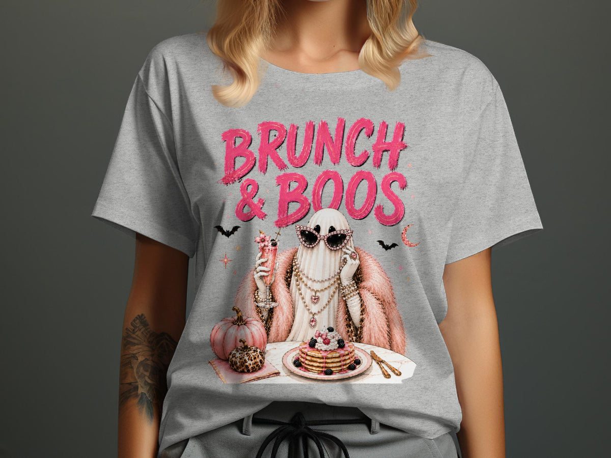 Grey t-shirt with "BRUNCH & BOOS" text and a ghost character eating pancakes.