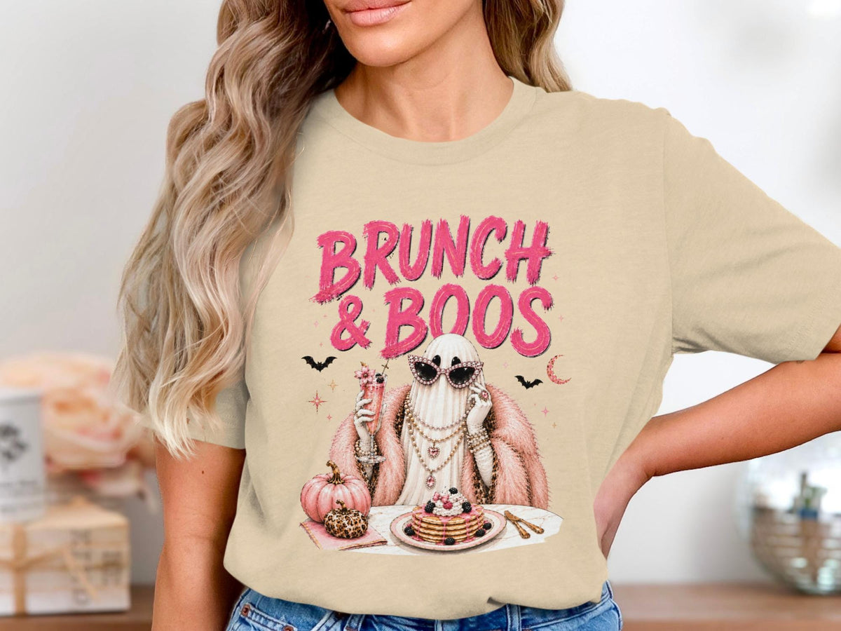 Ghost with pink fur coat and sunglasses, holding a drink, and eating pancakes.