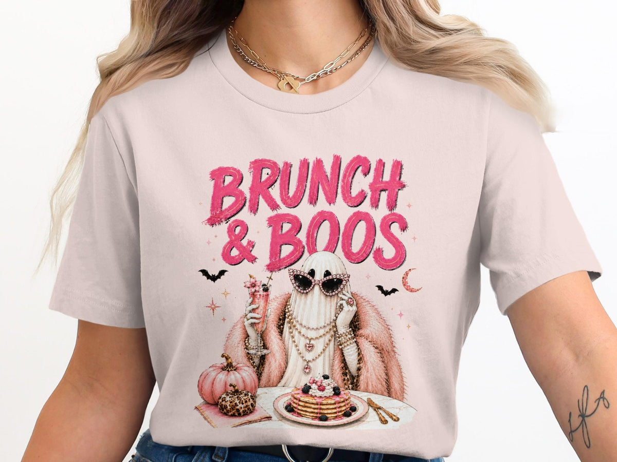 Ghost in sunglasses and fur coat sits at table with pancakes and pink pumpkin.