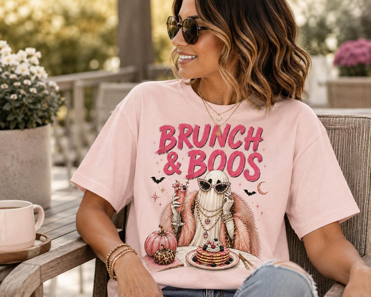 Brunch & Boos T-Shirt | Spooky Season Funny Ghost Shirt for Halloween Fall Parties, Trendy Goth Girl Gift Idea
