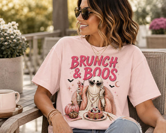 Brunch & Boos T-Shirt | Spooky Season Funny Ghost Shirt for Halloween Fall Parties, Trendy Goth Girl Gift Idea