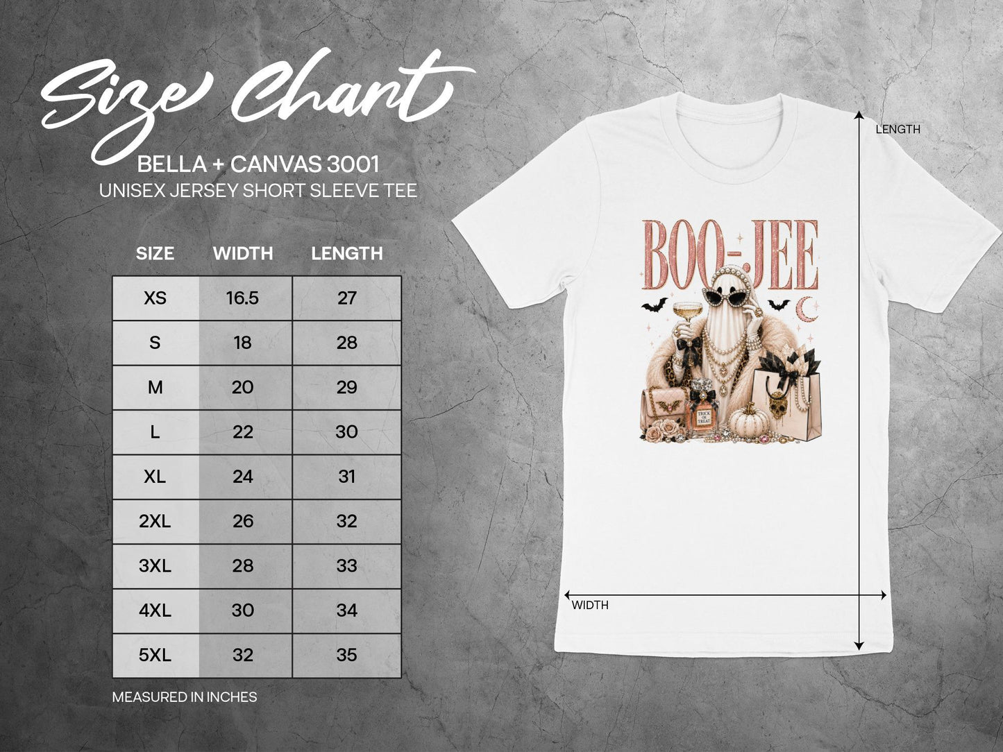 BELLA + CANVAS 3001 unisex tee size chart with measurements in inches.