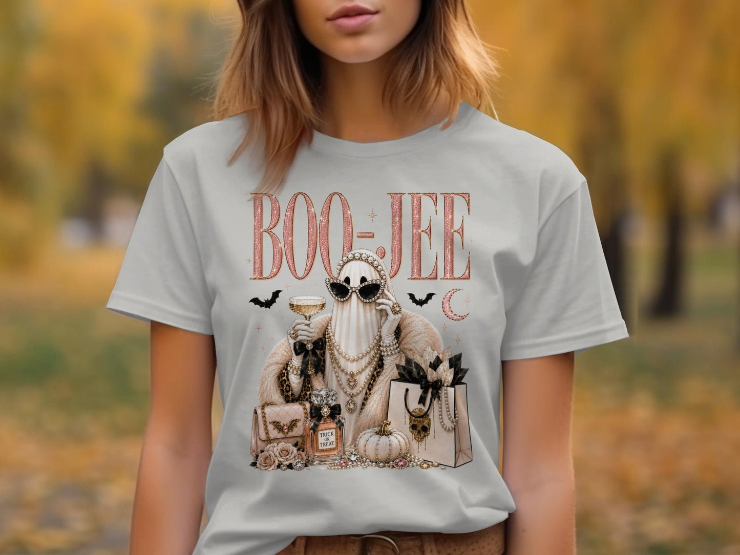 T-shirt with "Boo-Jee" text and a stylish ghost with sunglasses and pearls.