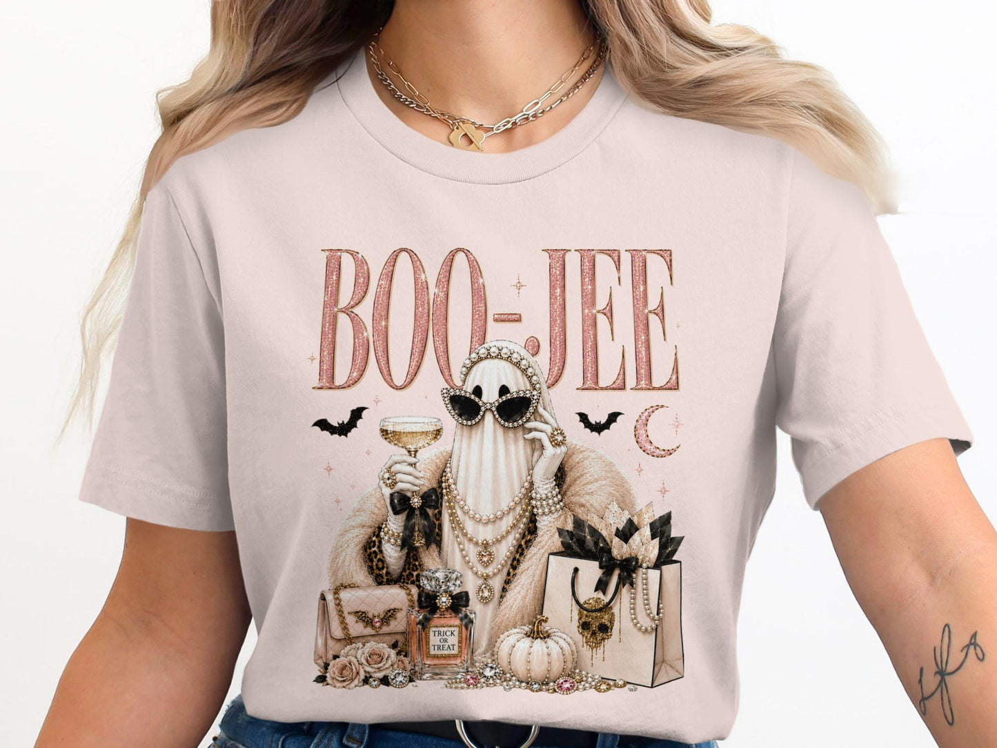Ghost wearing sunglasses, pearls, and fur holding a drink with "Boo-Jee" text.
