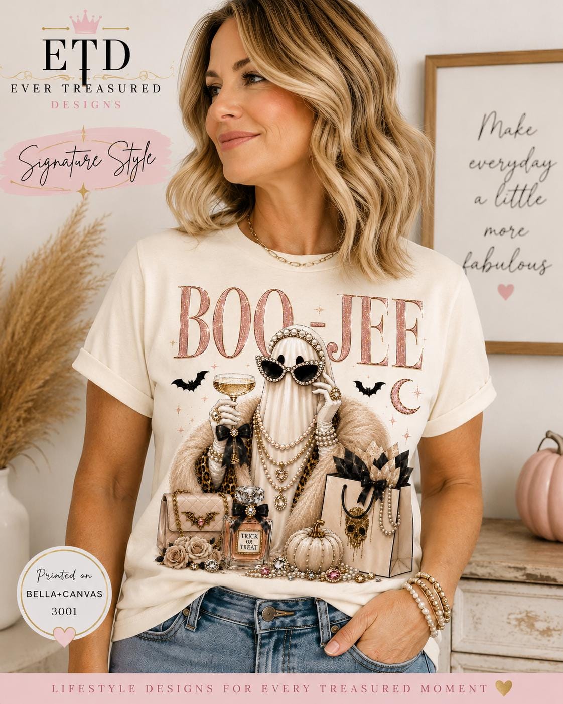 Boujee Halloween Ghost T-Shirt, Glam Spooky Season Tee, Luxury Fashion Pearl Ghost, Glitter Boo-Jee Halloween Party Shirt