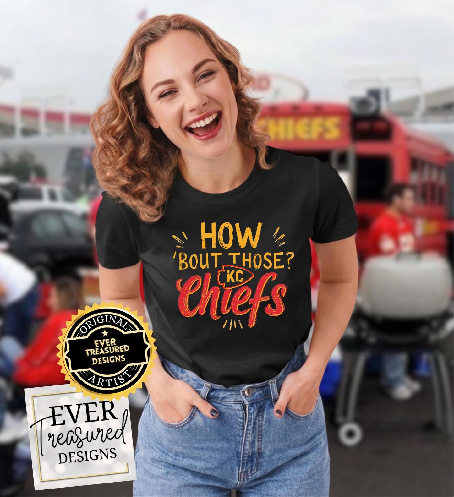Black t-shirt with "HOW 'BOUT THOSE? KC Chiefs" in yellow and red text.