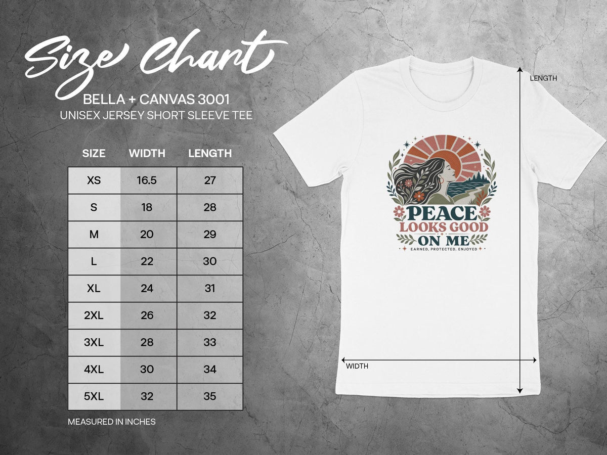 Bella + Canvas 3001 Unisex size chart showing width and length measurements in inches.