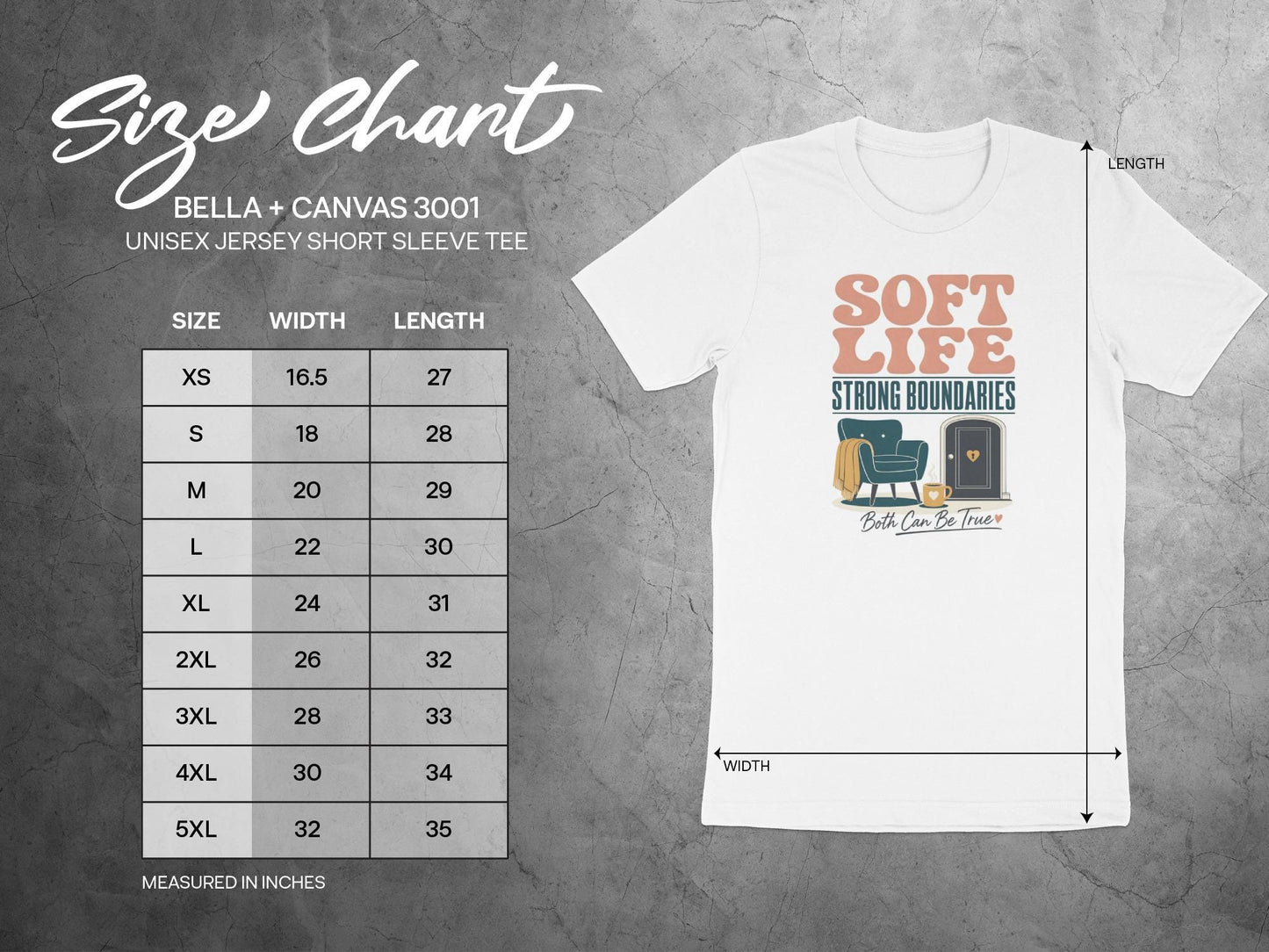 BELLA + CANVAS 3001 unisex tee size chart with width and length measurements.