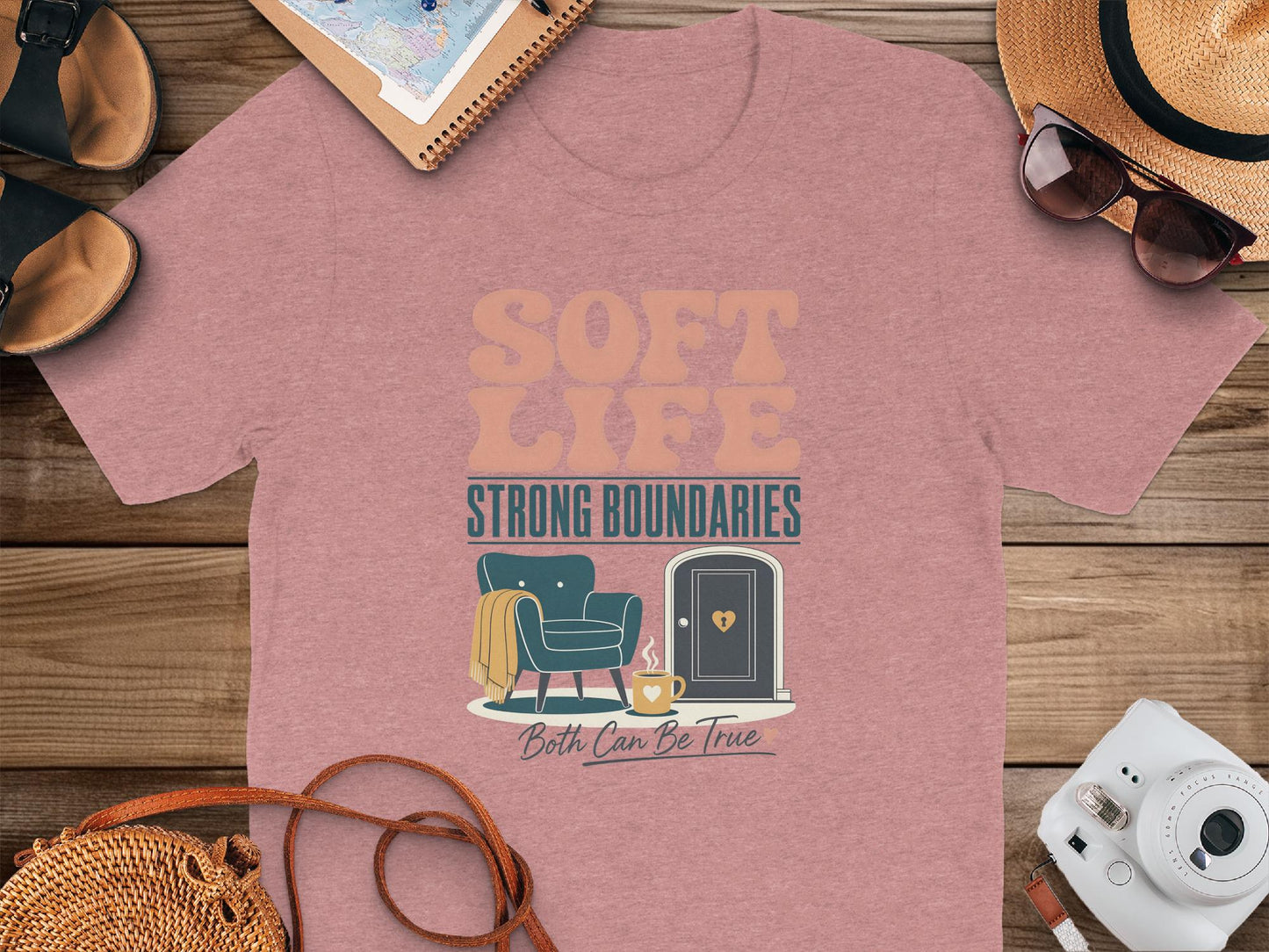 Pink t-shirt with "Soft Life Strong Boundaries Both Can Be True" text and graphics.