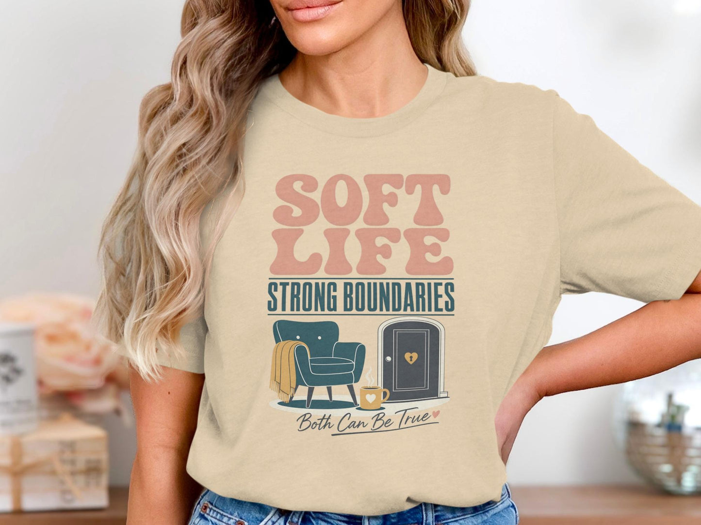 Soft Life Strong Boundaries graphic t-shirt with a chair and doorway.