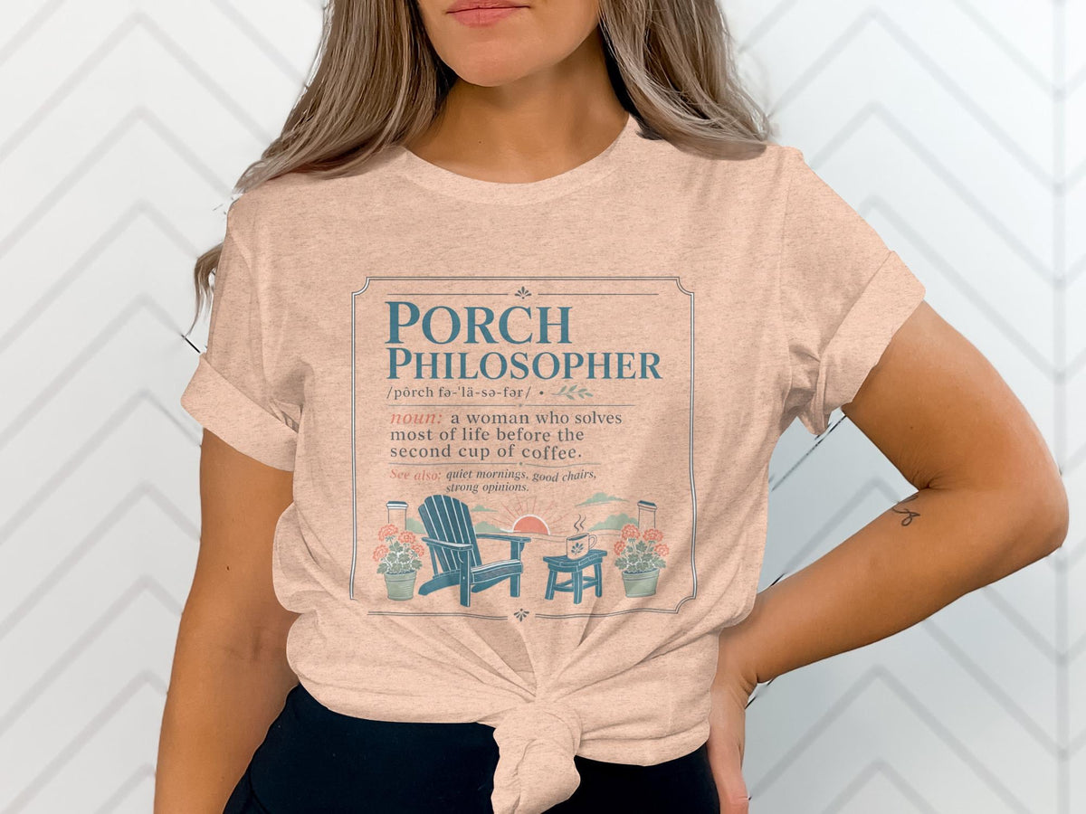 Porch Philosopher definition t-shirt with Adirondack chair and coffee.
