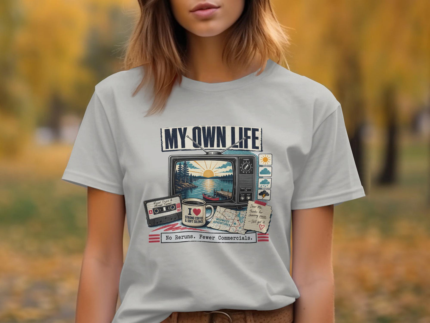 My Own Life vintage TV design with cassette, coffee mug, and map.
