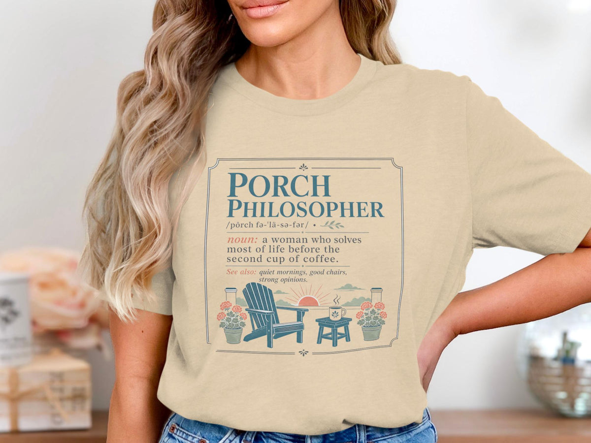 "Porch Philosopher" definition t-shirt with an Adirondack chair, coffee, and sunset.
