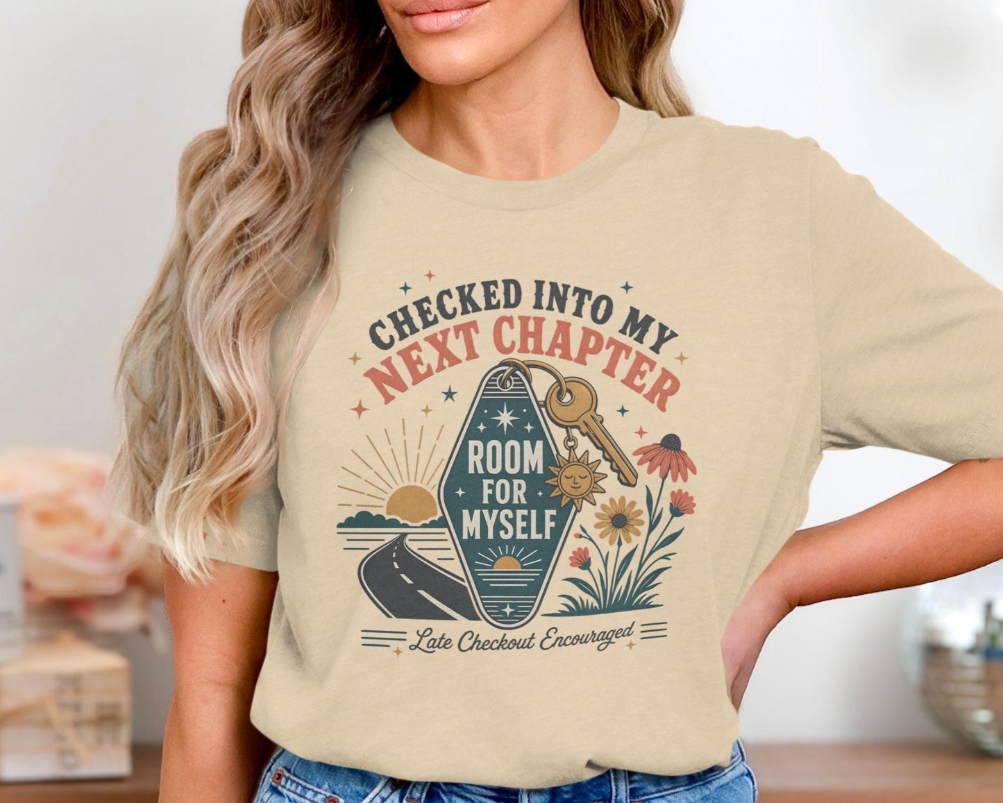 Checked into my next chapter room for myself late checkout encouraged graphic tee.