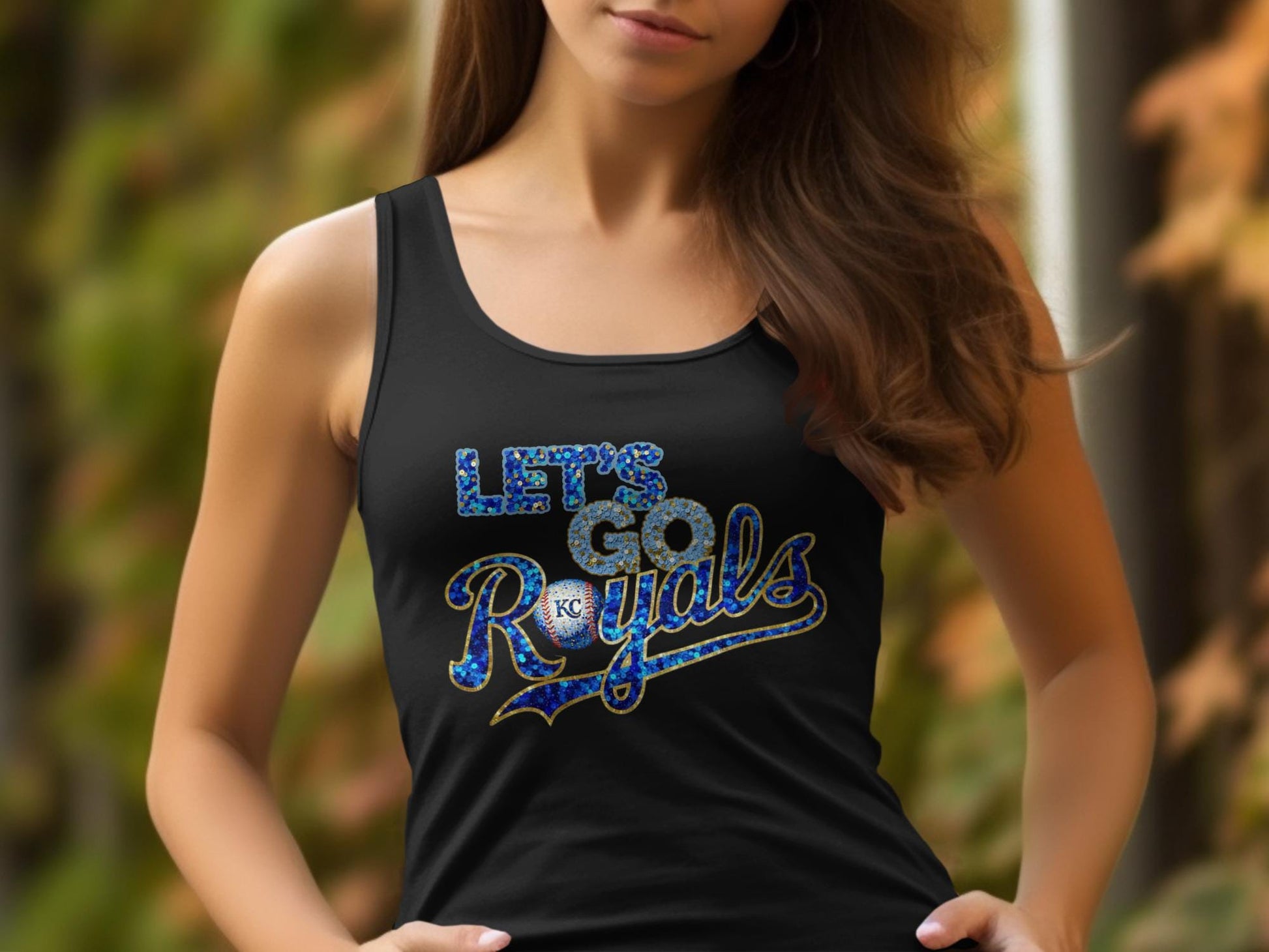 Black tank top with "Let's Go Royals" text and Kansas City Royals baseball.