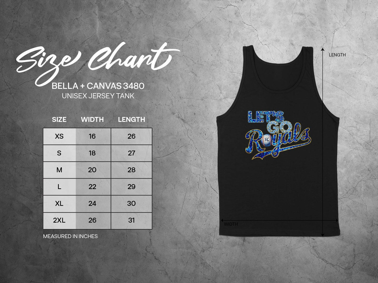 Unisex jersey tank size chart with width and length measurements in inches.