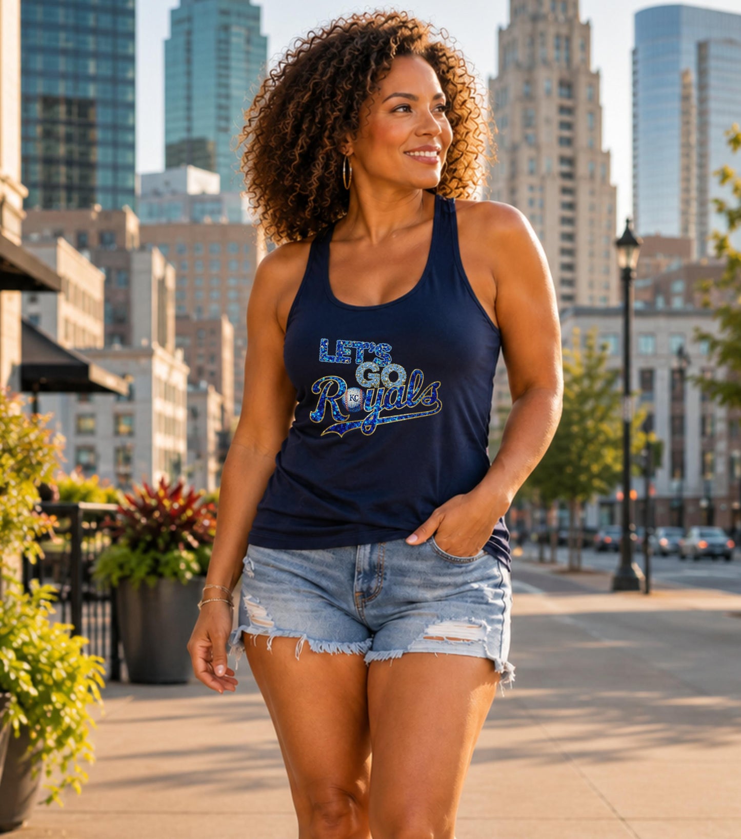 Navy tank top with "Let's Go Royals" text and baseball graphic.